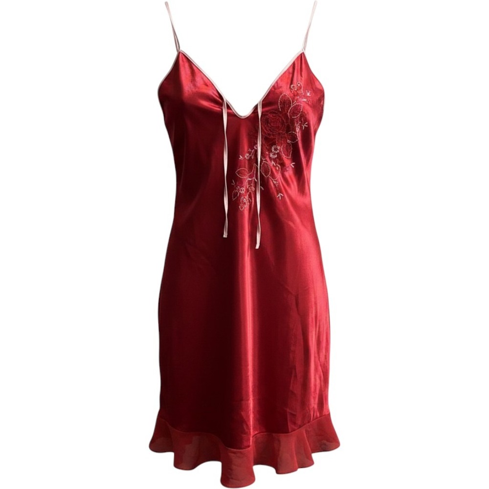 Enchanting Slip Dress Womens M Red Floral Embroidered Pink Trim Mini Romantic